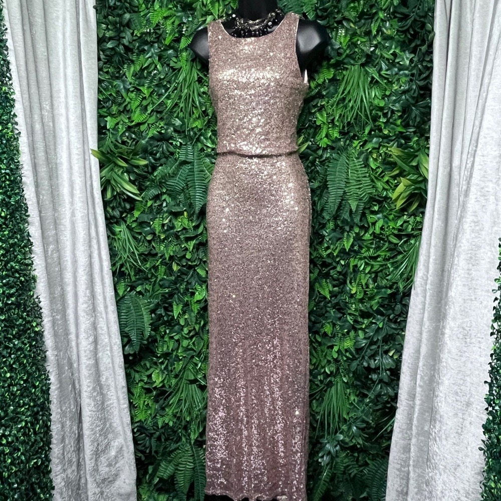 Crystal Doll‎ Dress Size 7 Rose Gold Sequin Maxi Cutout Back Formal Gown 3880